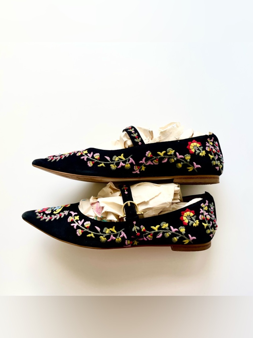 Boden Evie Black Embroidered Mary Jane Pointed Toe Floral Flats Boho Cottagecore - Picture 5 of 10